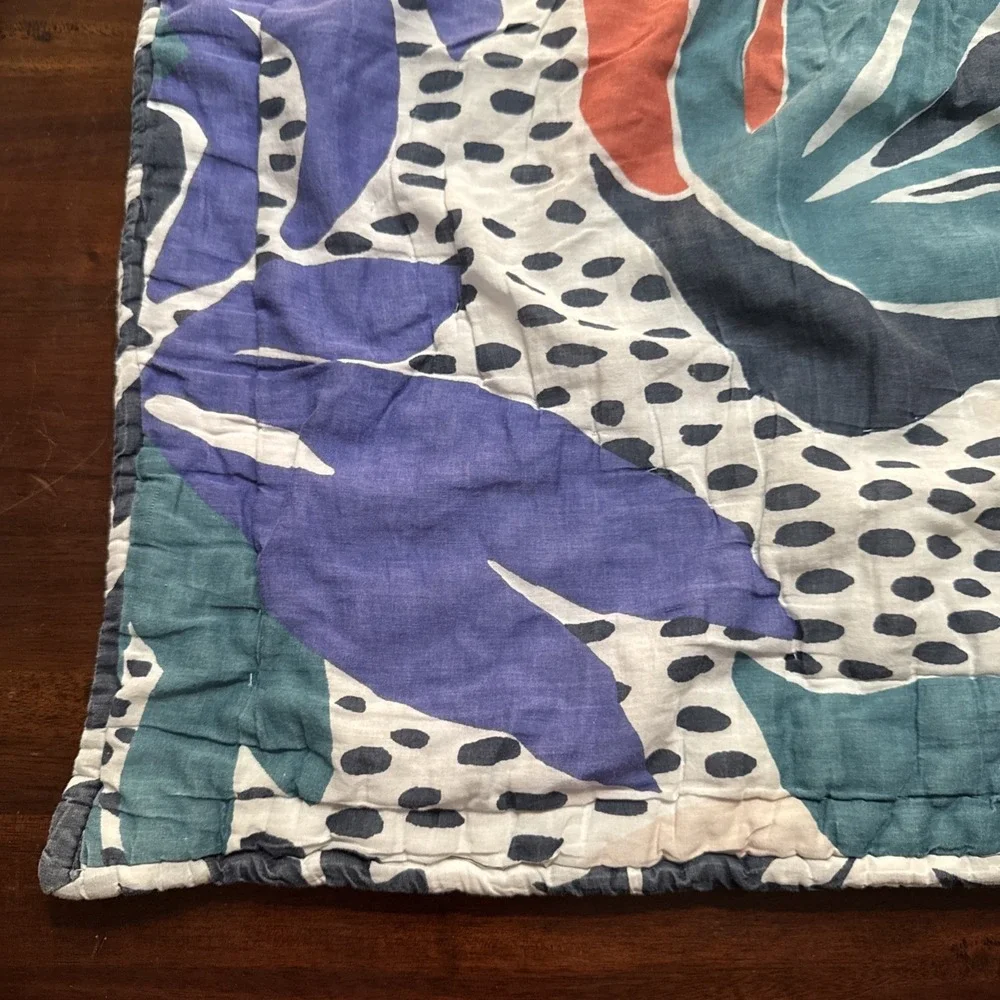 Anthropologie Pillow Sham EURO Quilted Melbourne Tropical Print Blue AS IS